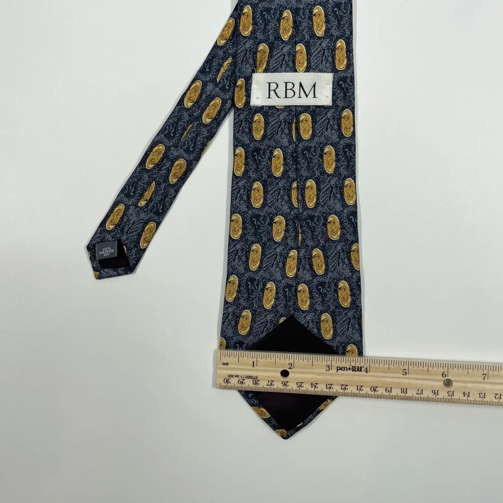 RBM Grey Gold Medallion Silk Necktie Mens One Size